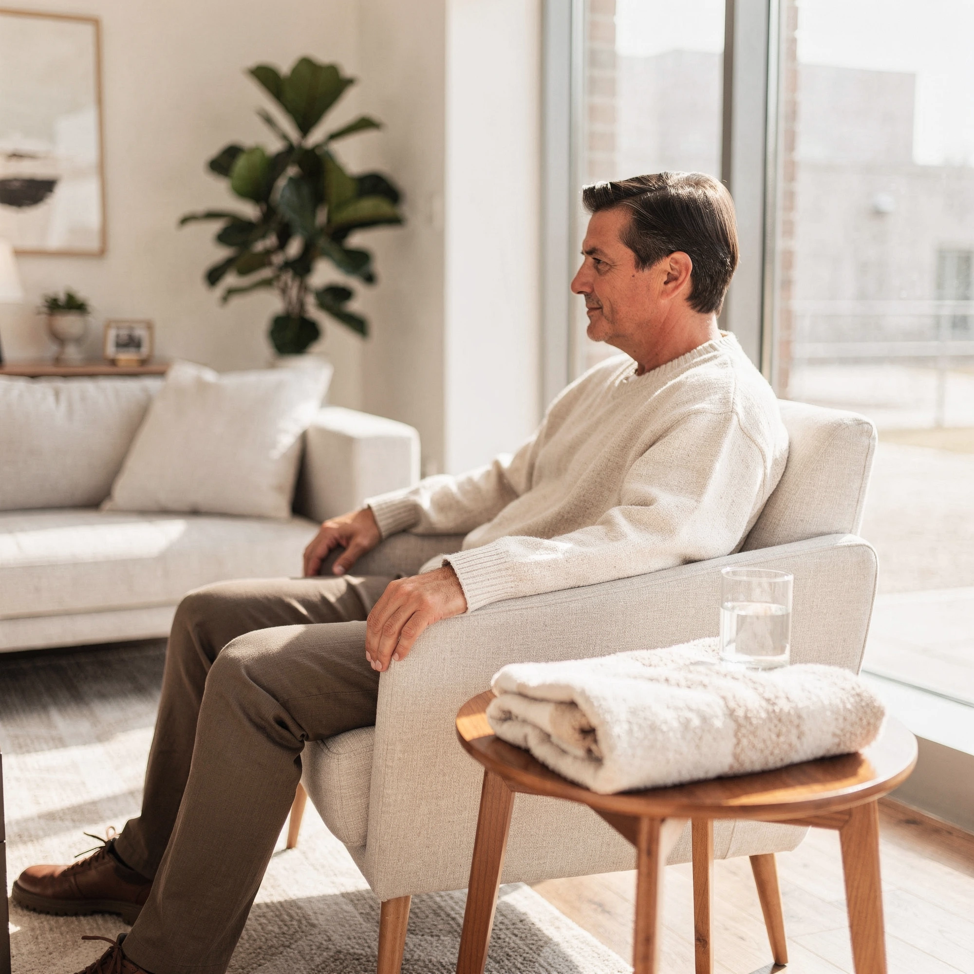 Man relaxing in a bright modern living room with a blanket nearby